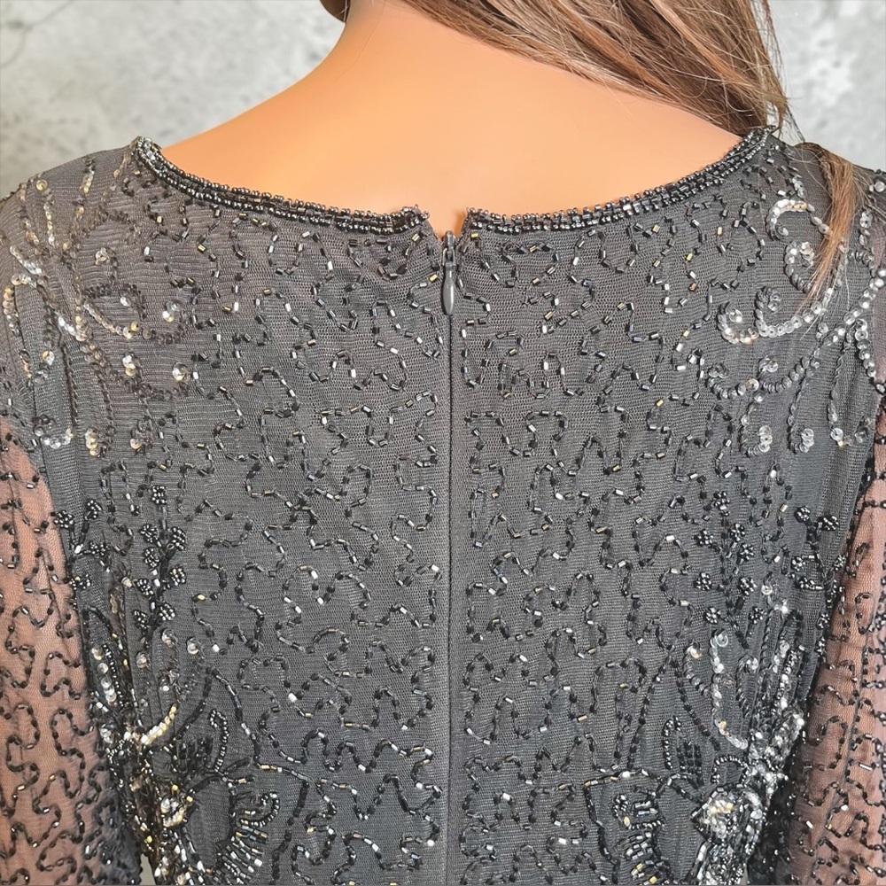 Pisarro Nights Beaded Dress Size 14 Slate Gray Sheer Sleeve Formal NWT - Picture 8 of 9